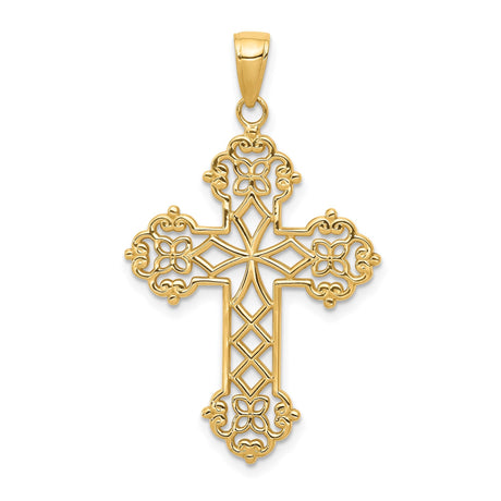 14k Yellow Gold Filigree Cross Pendant with Floral Openwork Design, Vintage Inspired Religious Jewelry