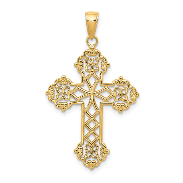 14k Yellow Gold Filigree Cross Pendant with Floral Openwork Design, Vintage Inspired Religious Jewelry