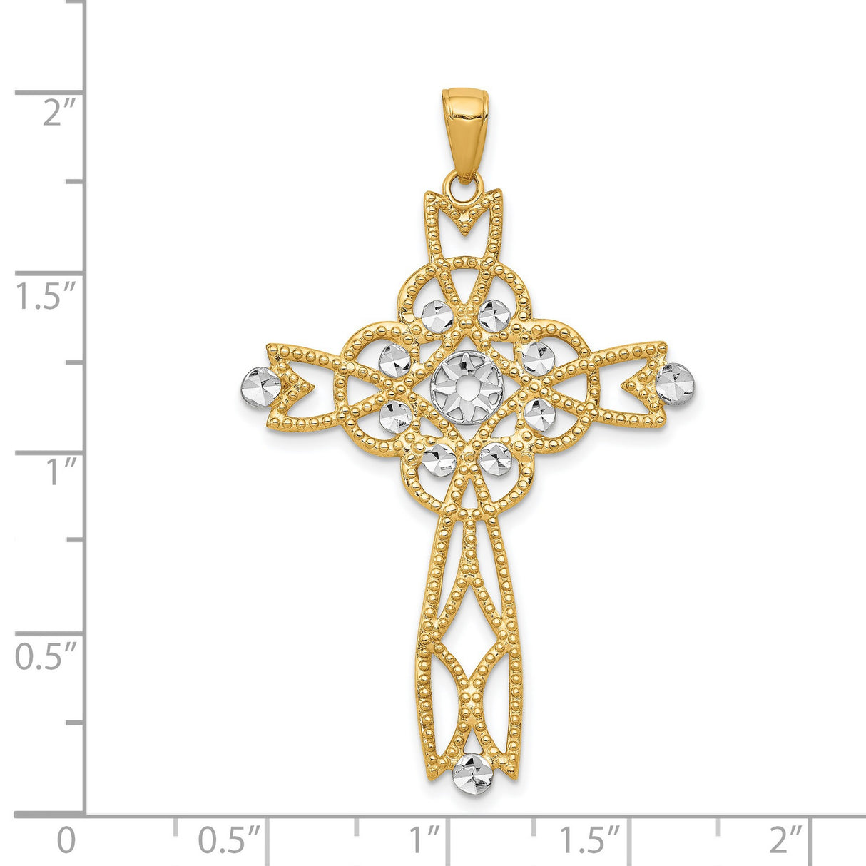 Diamond-Cut Filigree Style Latin Cross Charm Pendant in Real 14k Multi-Tone Gold