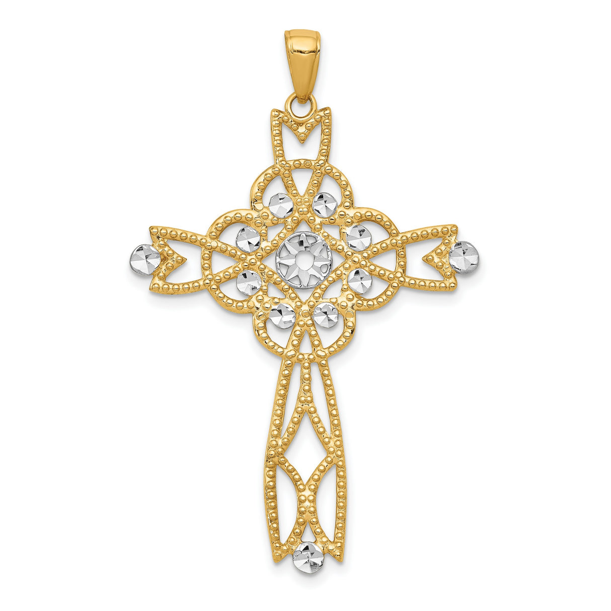 Diamond-Cut Filigree Style Latin Cross Charm Pendant in Real 14k Multi-Tone Gold