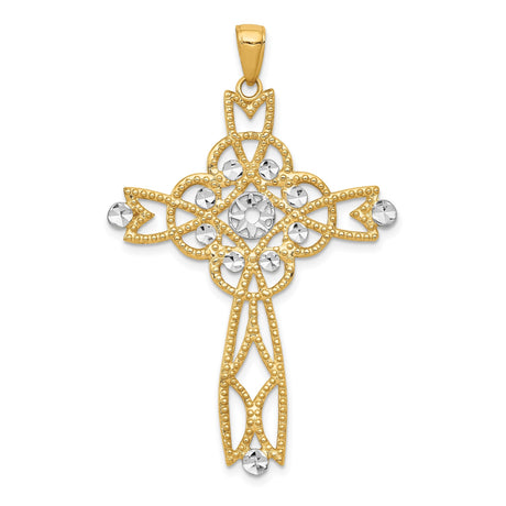 14k Multi-Tone Gold Cross Pendant with Curved Loop and Vintage Filigree Design