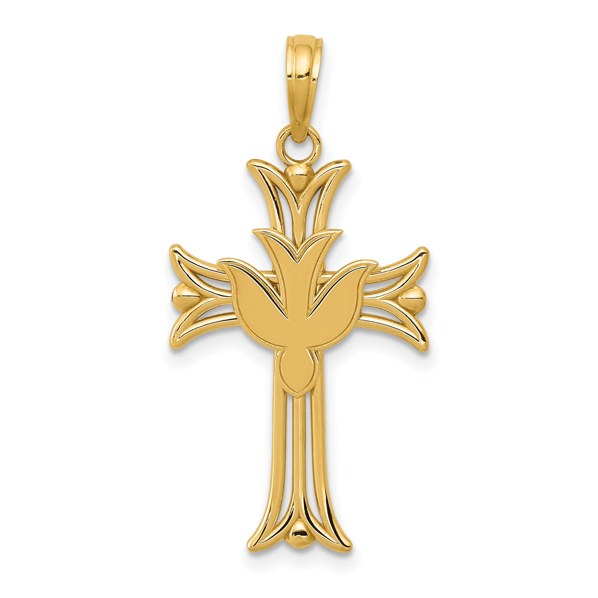 Fleur De Lis And Dove Cross Charm Pendant in Real 14k Yellow Gold