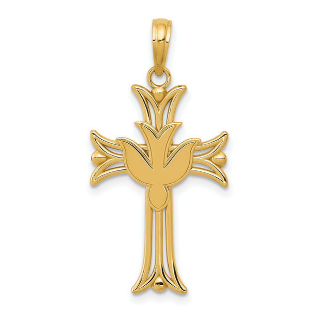 Fleur De Lis And Dove Cross Charm Pendant in Real 14k Yellow Gold