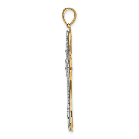 14k Two-Tone Gold Filigree Cross Pendant with Scrollwork Detailing in Vintage Cathedral Style