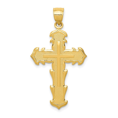 14k Yellow Gold Cross Pendant with Sculpted Flame Edge and Raised Design