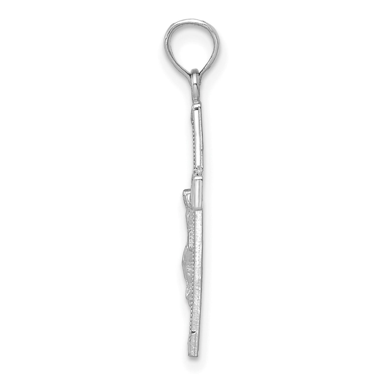 14k White Gold Crucifix Pendant with Three-Dimensional Christ Figure and Beveled Cross Edge