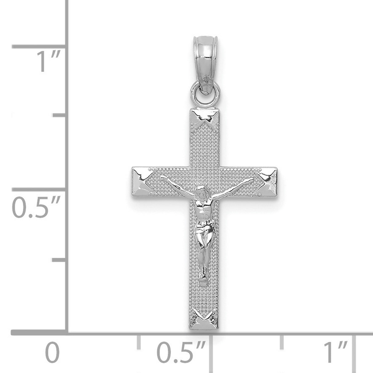 14k White Gold Crucifix Pendant with Three-Dimensional Christ Figure and Beveled Cross Edge