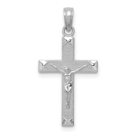 14k White Gold Crucifix Pendant with Three-Dimensional Christ Figure and Beveled Cross Edge