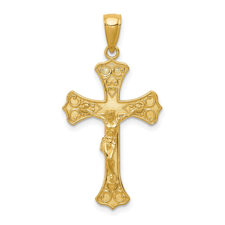 Fleur De Lis Latin Crucifix Charm Pendant in Real 14k Yellow Gold