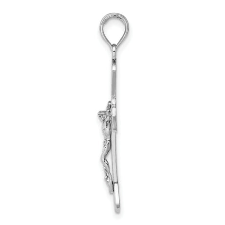 14k White Gold Crucifix Cross Pendant with Raised Christ Figure and Polished Finish