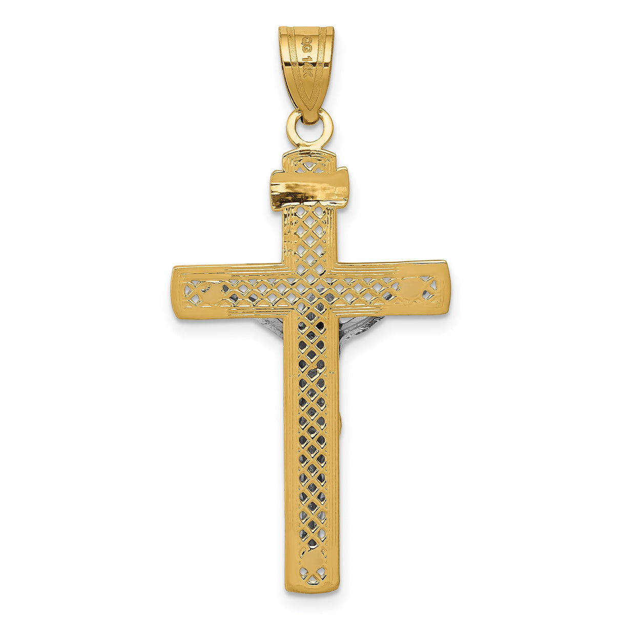 Lattice Style INRI Latin Crucifix Charm Pendant in Real 14k Multi-Tone Gold