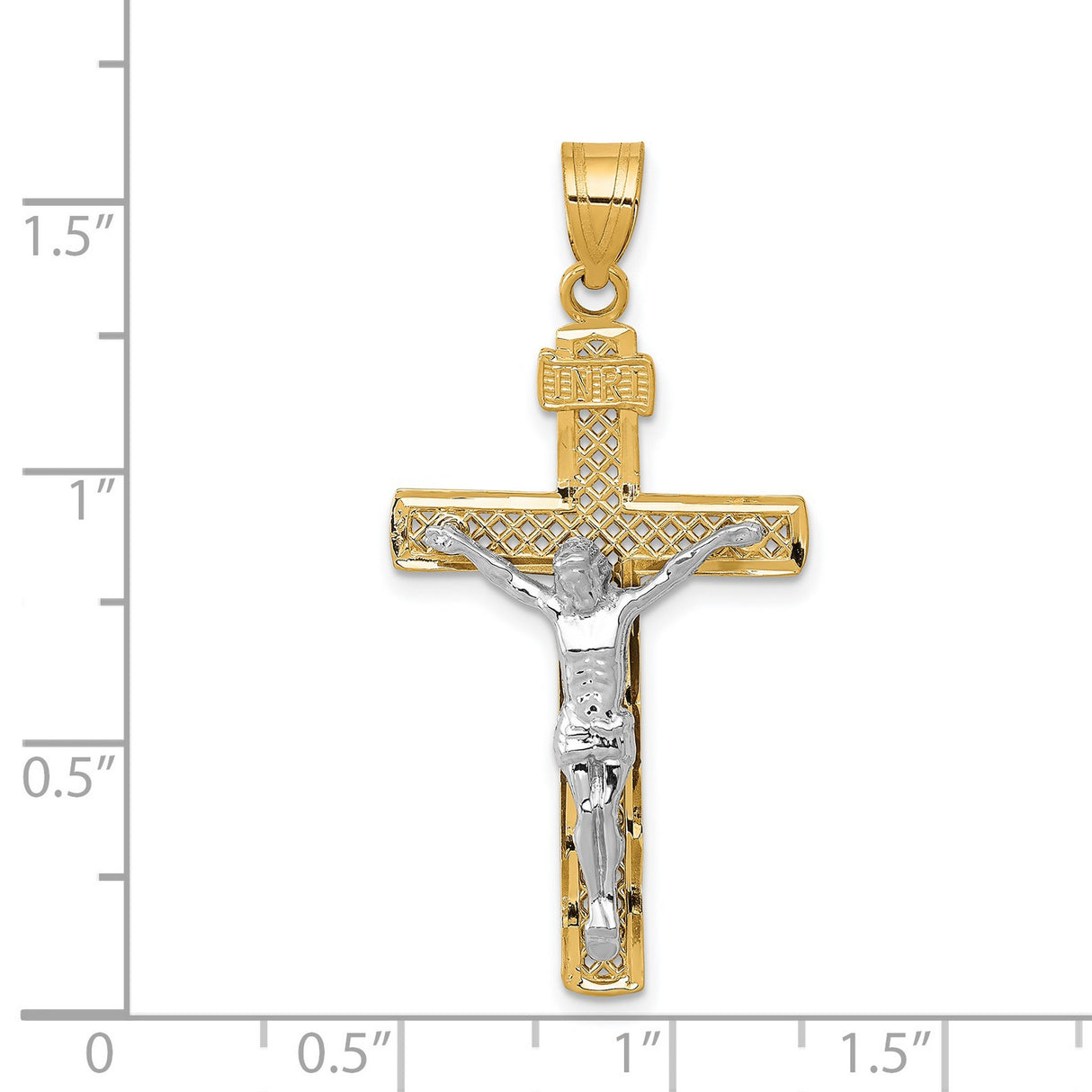 Lattice Style INRI Latin Crucifix Charm Pendant in Real 14k Multi-Tone Gold