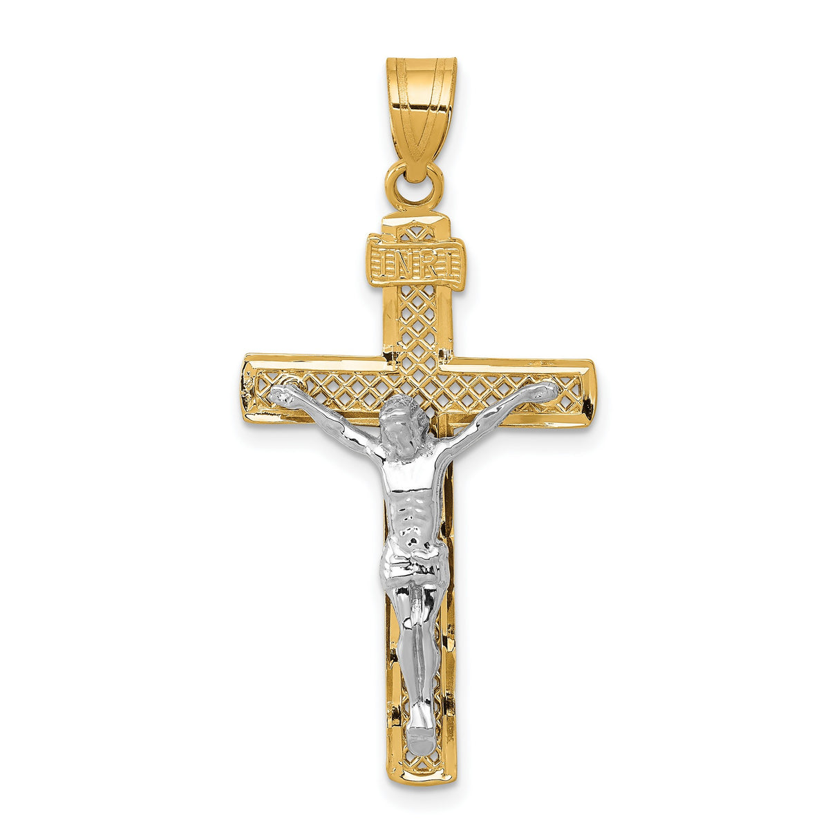 Lattice Style INRI Latin Crucifix Charm Pendant in Real 14k Multi-Tone Gold