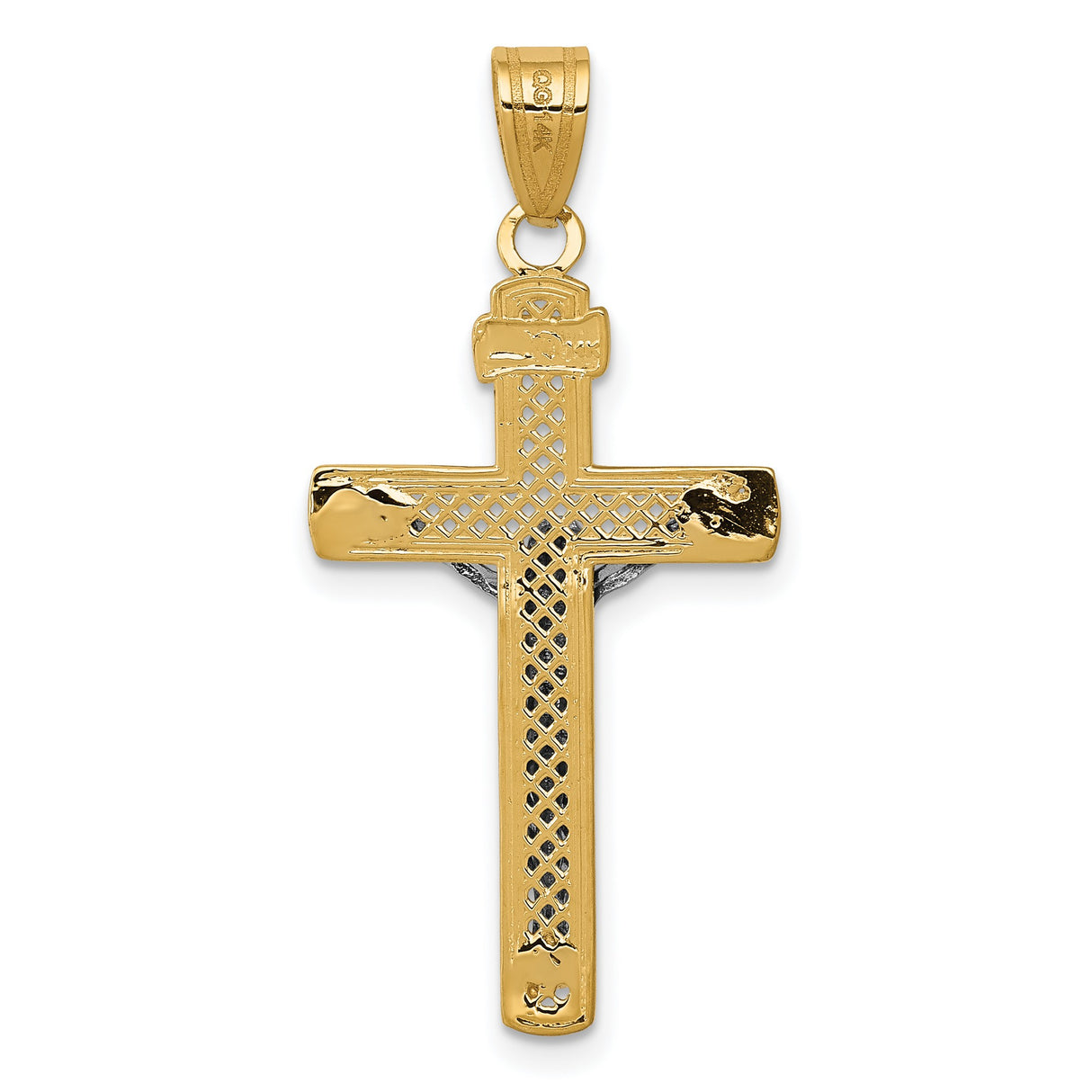 Lattice Style INRI Latin Crucifix Charm Pendant in Real 14k Multi-Tone Gold