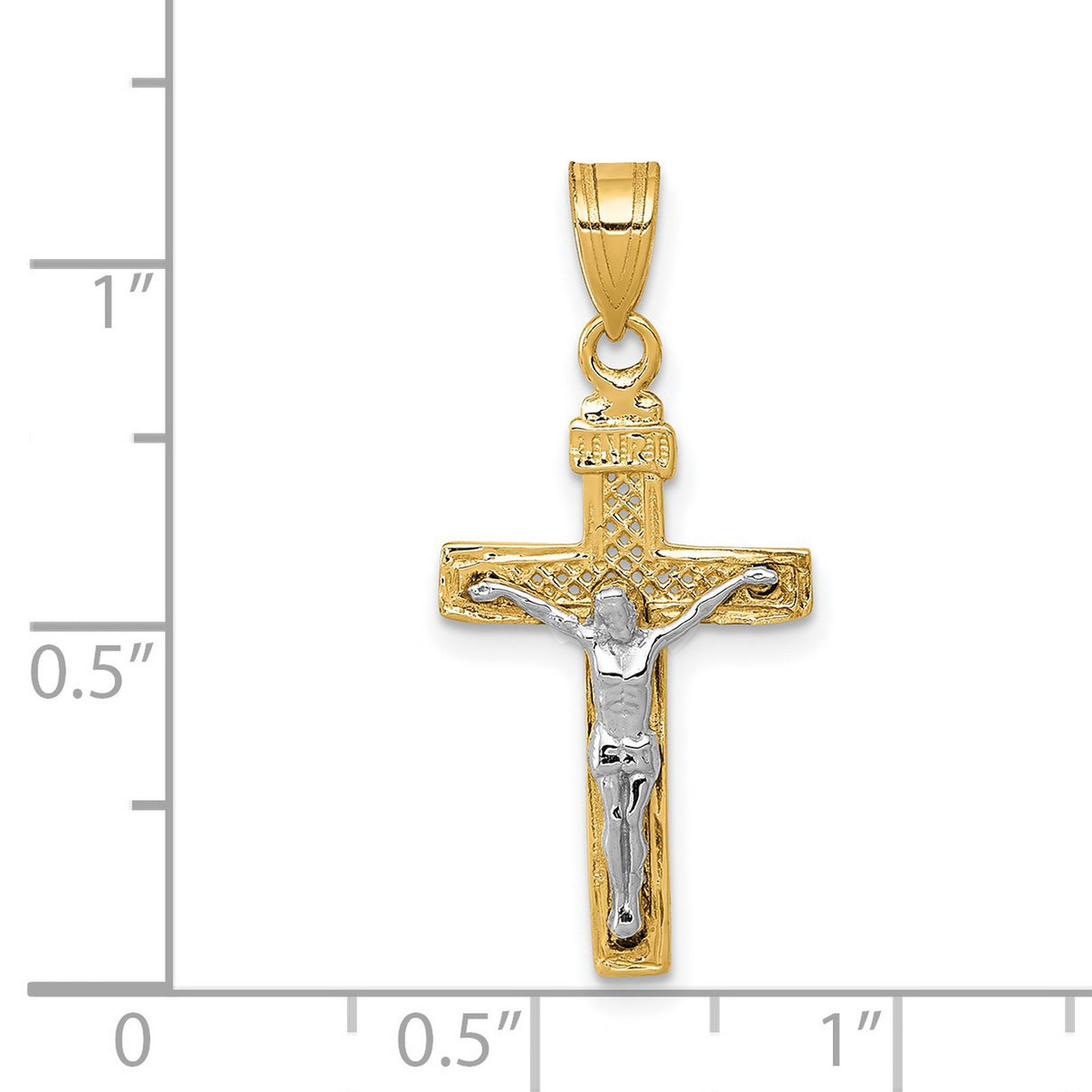 Lattice Style INRI Latin Crucifix Charm Pendant in Real 14k Multi-Tone Gold