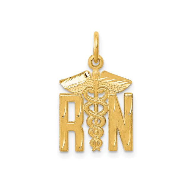 14k Yellow Gold RN Pendant with Caduceus Symbol, Registered Nurse Medical Charm