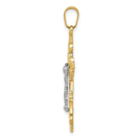 14k Multi-Tone Gold Crucifix Pendant, Fleur De Lis Cross, Religious INRI Charm