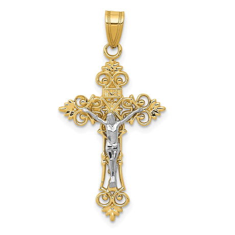 14k Multi-Tone Gold Crucifix Pendant, Fleur De Lis Cross, Religious INRI Charm