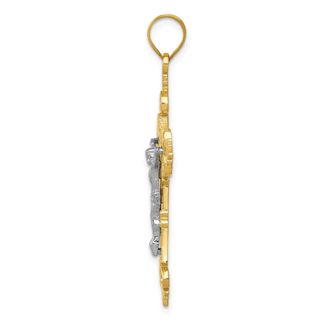 14k Multi-Tone Gold INRI Crucifix Cross Pendant with Fleur de Lis Filigree Detail