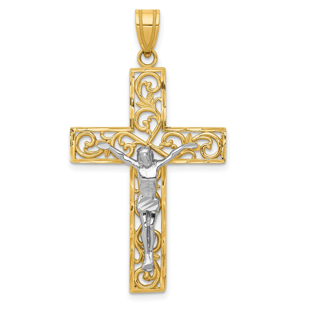 Filigree Latin Crucifix Charm Pendant in Real 14k Multi-Tone Gold