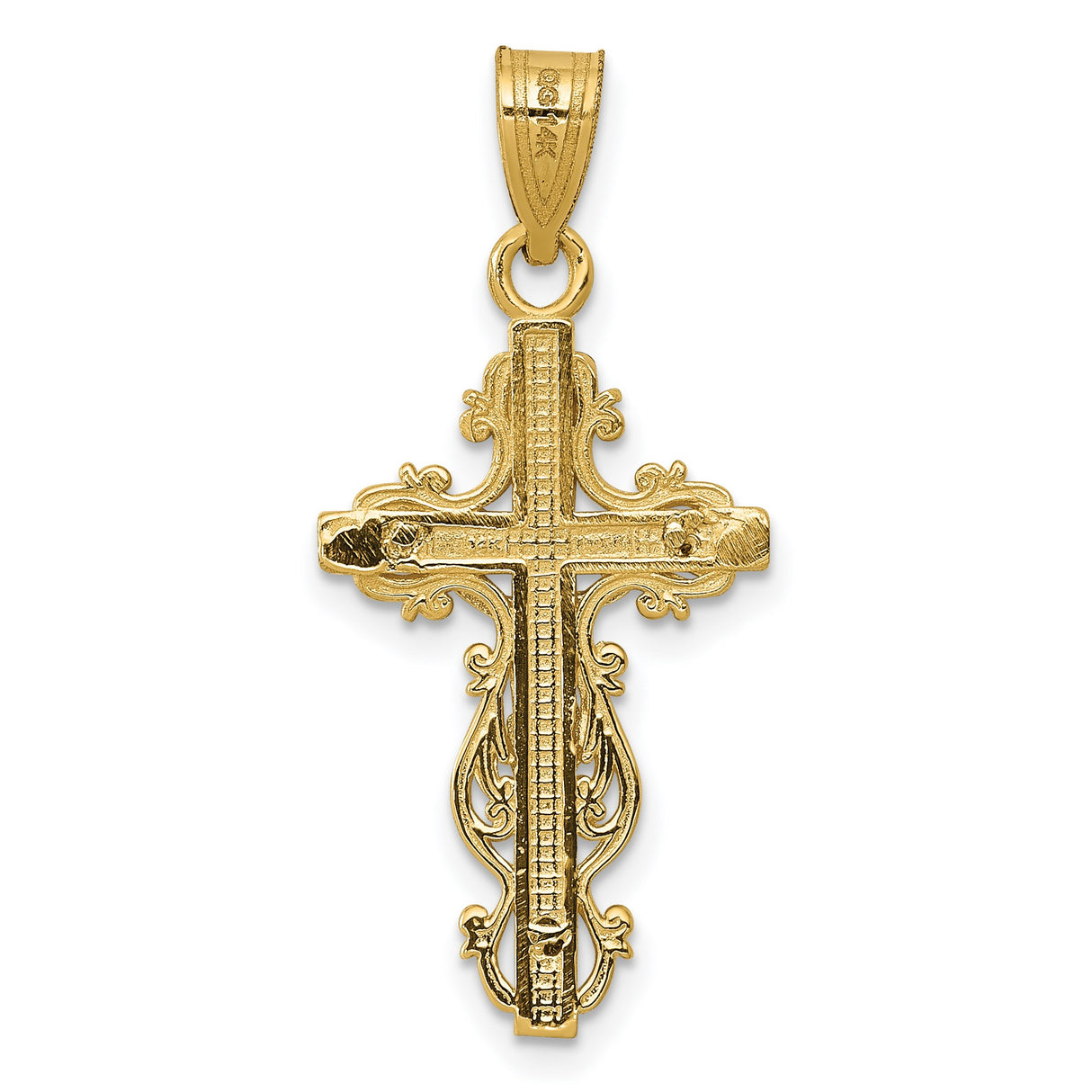 Textured Latin Crucifix With Ornate Border Charm Pendant in Real 14k Multi-Tone Gold