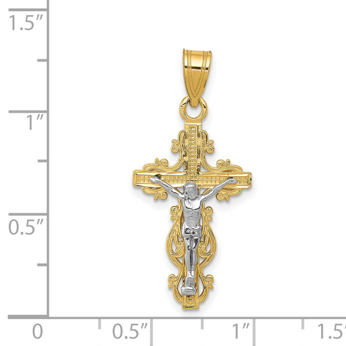 Textured Latin Crucifix With Ornate Border Charm Pendant in Real 14k Multi-Tone Gold