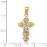 Textured Latin Crucifix With Ornate Border Charm Pendant in Real 14k Multi-Tone Gold