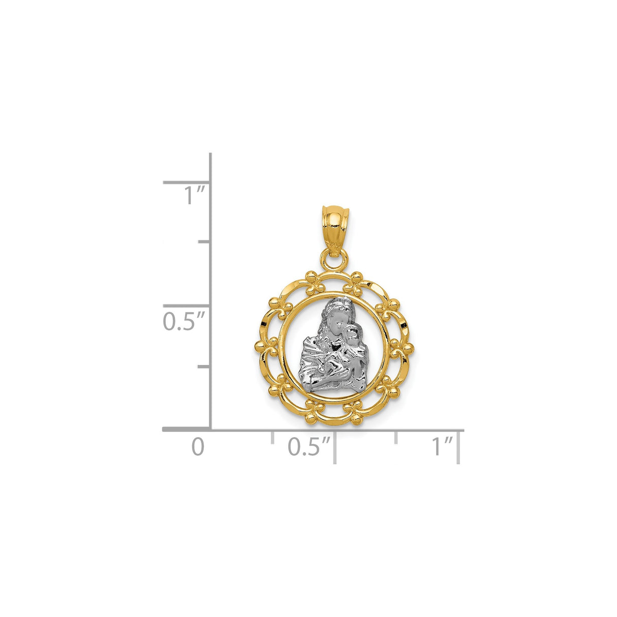 14k Multi-Tone Gold Virgin Mary and Baby Jesus Oval Pendant, Catholic Medallion Charm