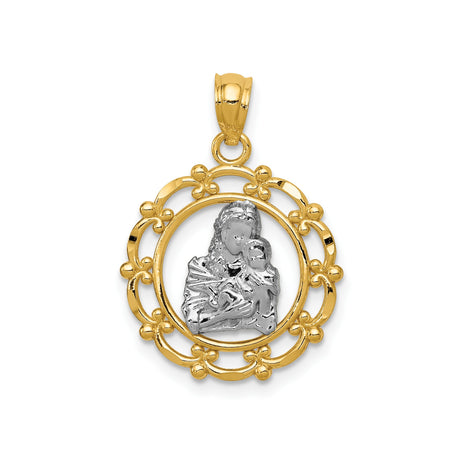 14k Multi-Tone Gold Virgin Mary and Baby Jesus Oval Pendant, Catholic Medallion Charm