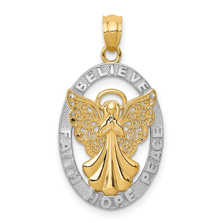 Angel With Believe Faith Hope And Peace Words Oval Charm Pendant in Real 14k Multi-Tone Gold