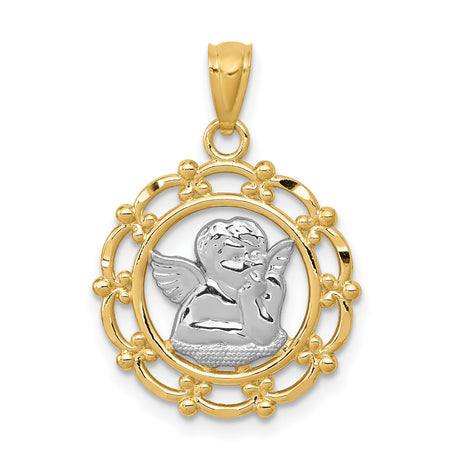 Cherub Angel with Hand Chin in Round Charm Pendant in Real 14k Multi-Tone Gold