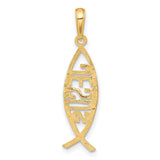 Jesus Word Inside Ichthus Fish Shaped Charm Pendant in Real 14k Yellow Gold