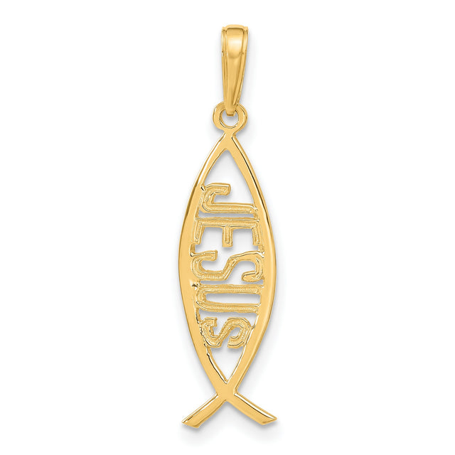 Jesus Word Inside Ichthus Fish Shaped Charm Pendant in Real 14k Yellow Gold