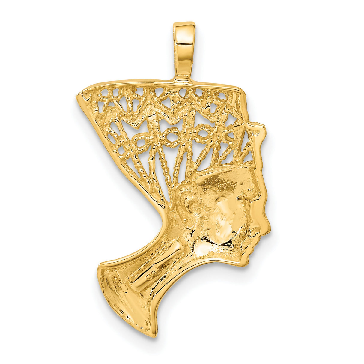 14k Yellow Gold African Queen Pendant, Textured Nefertiti Silhouette with Crown Design