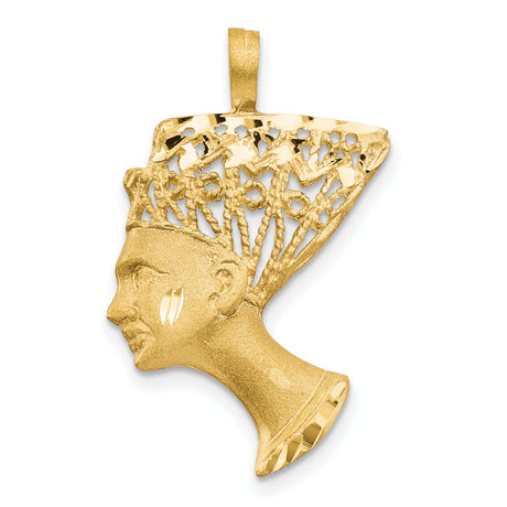 14k Yellow Gold African Queen Pendant, Textured Nefertiti Silhouette with Crown Design
