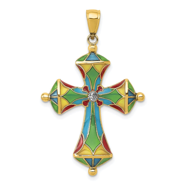 14k Yellow Gold Cross Pendant with Vibrant Enamel Mosaic Design for Men and Women