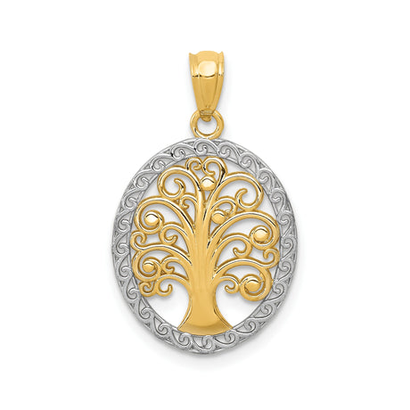 14k Multi-Tone Gold Tree of Life Pendant with Swirl Detail in Oval Frame for Women