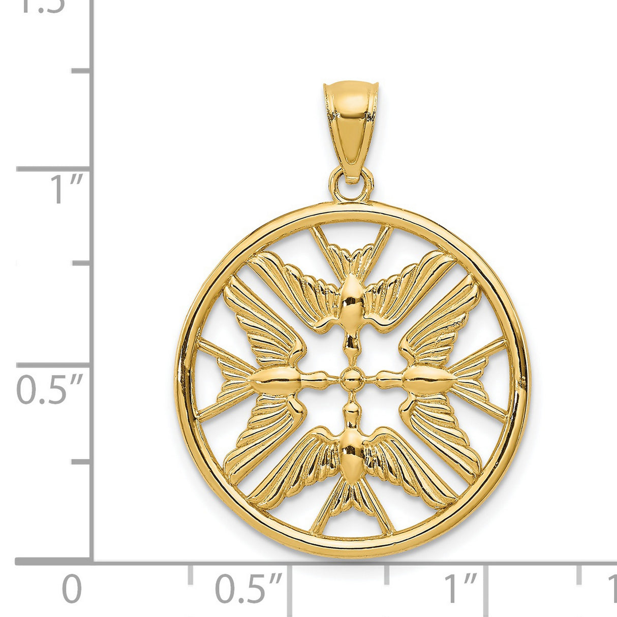 Four Doves Meeting Inside Round Circle Charm Pendant in Real 14k Yellow Gold