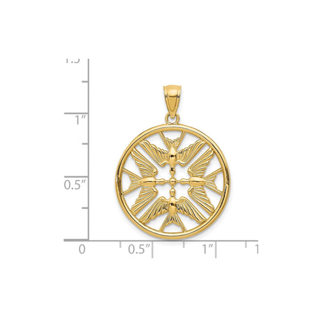 14k Yellow Gold Christian Pendant with Cross and Four Doves in Circular Design
