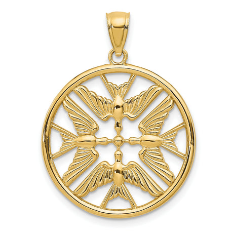 Four Doves Meeting Inside Round Circle Charm Pendant in Real 14k Yellow Gold
