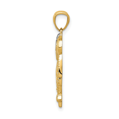 14k Multi-Tone Gold Owl Pendant with Rhodium Accents, Cutout Design on Branch