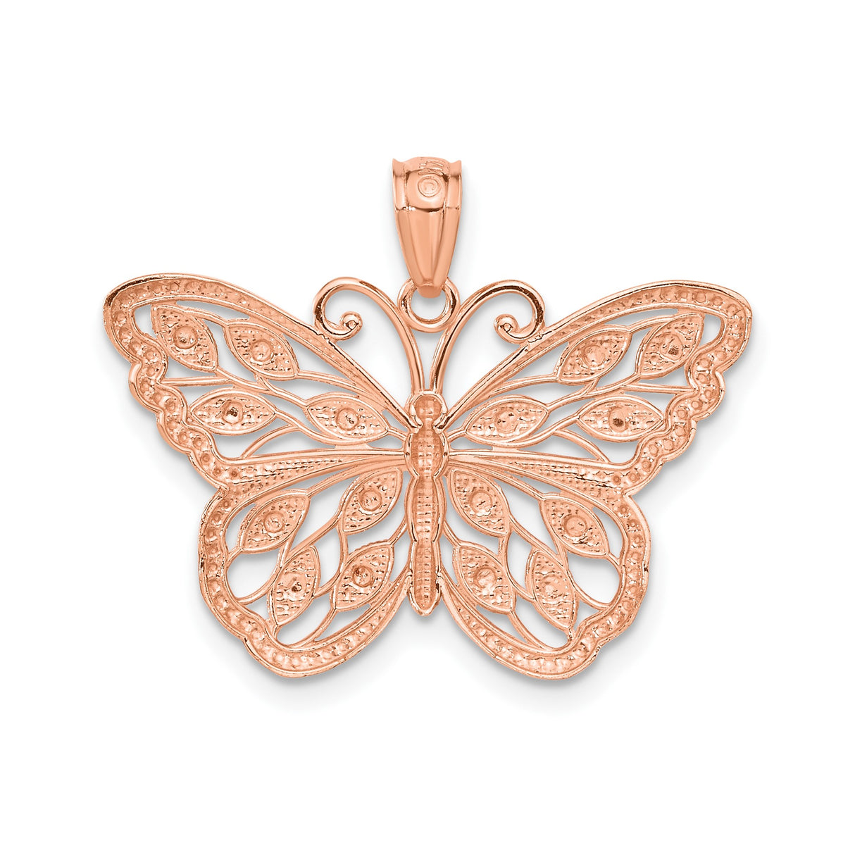 14k Rose Gold Butterfly Pendant with Filigree Wings and White Gold Accents