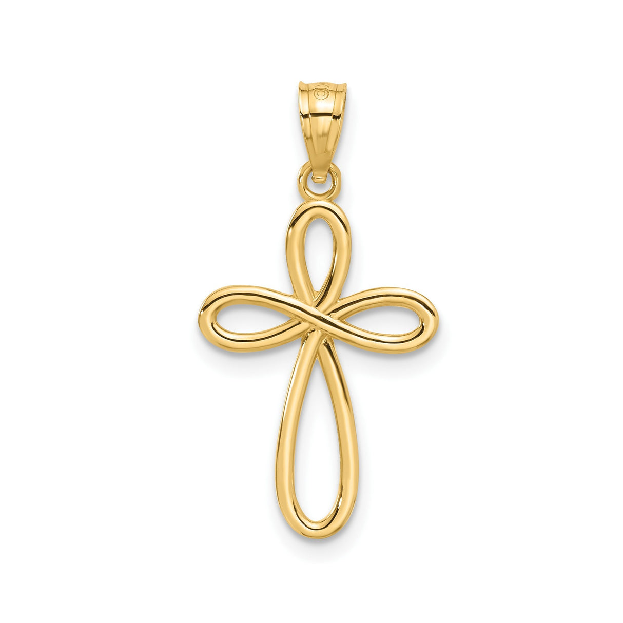 14k Yellow Gold Cross Pendant, Sleek Curved Ribbon Style, Glossy Finish, Unisex Spiritual Jewelry