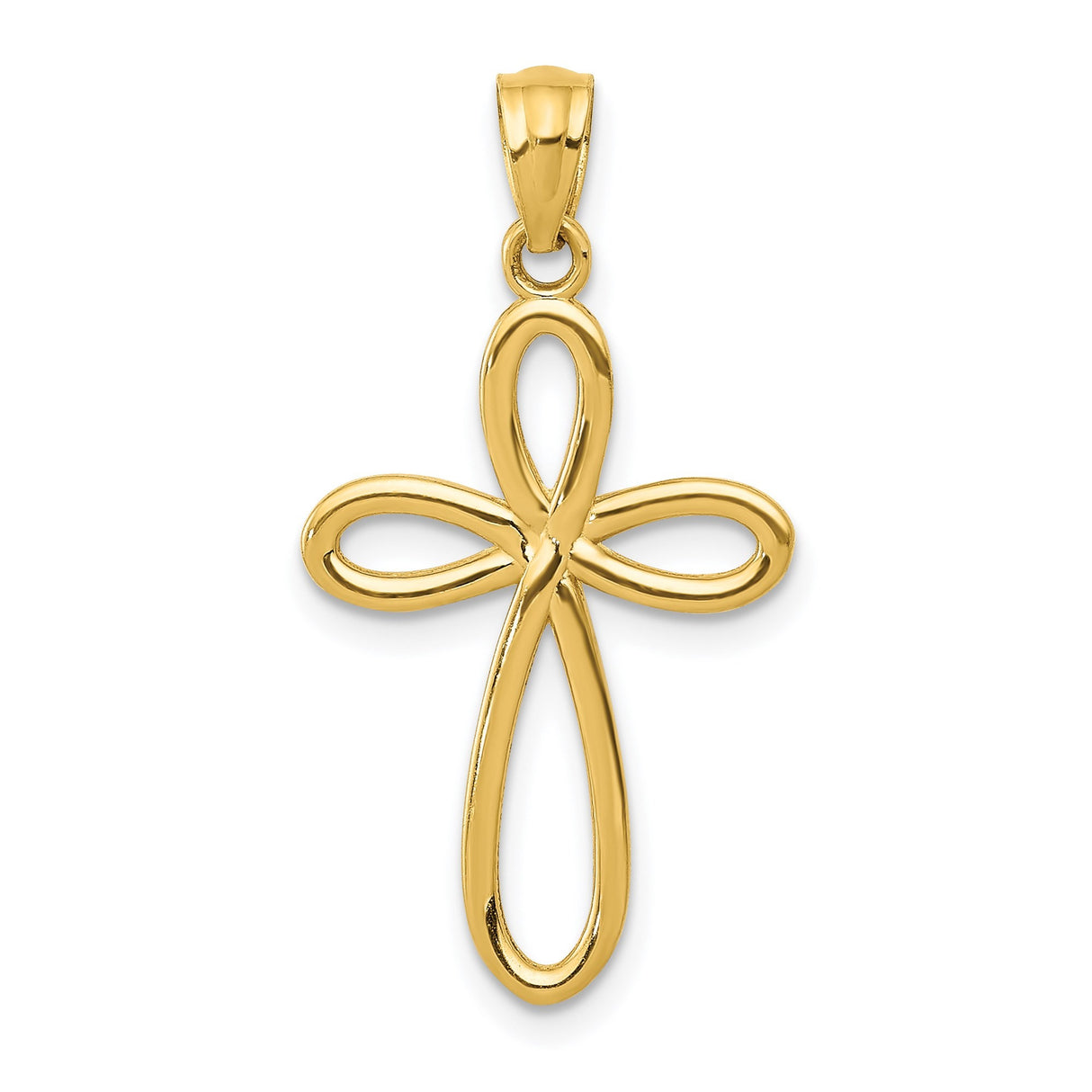 14k Yellow Gold Cross Pendant, Sleek Curved Ribbon Style, Glossy Finish, Unisex Spiritual Jewelry