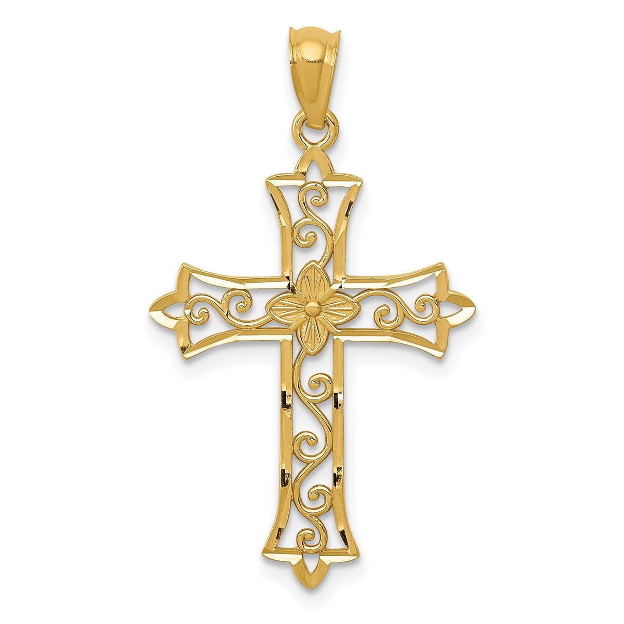 14k Yellow Gold Fleur Cross Pendant with Floral Detail and Filigree Design