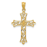 14k Yellow Gold Fleur Cross Pendant with Floral Detail and Filigree Design