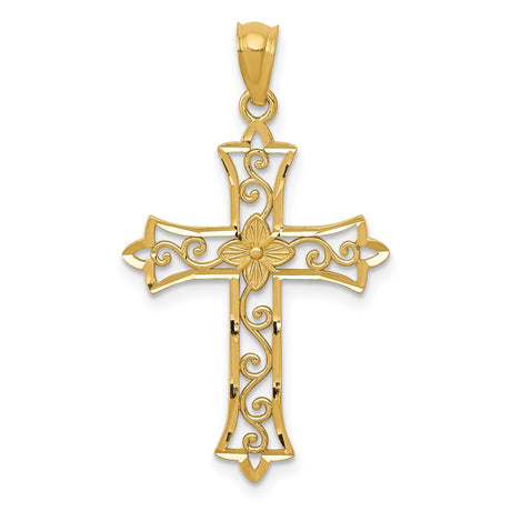 14k Yellow Gold Fleur Cross Pendant with Floral Detail and Filigree Design