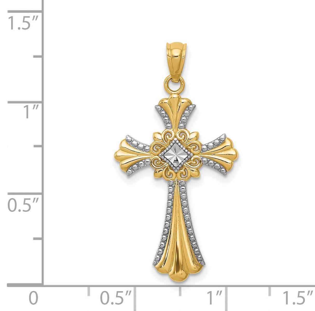 Fleur De Lis Cross With Rhodium Accents Charm Pendant in Real 14k Multi-Tone Gold