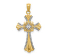 Fleur De Lis Cross With Rhodium Accents Charm Pendant in Real 14k Multi-Tone Gold