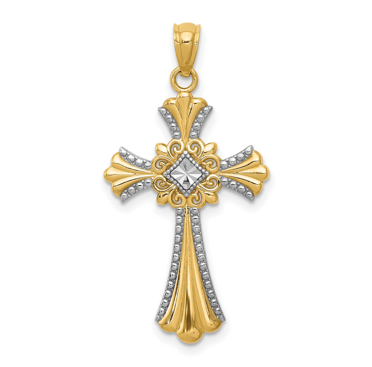 Fleur De Lis Cross With Rhodium Accents Charm Pendant in Real 14k Multi-Tone Gold